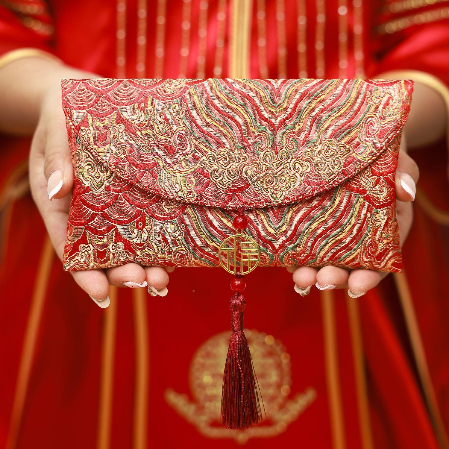 高锦缎结婚布艺红JH061包福礼字红包袋婚是敬茶专用布档艺万元大