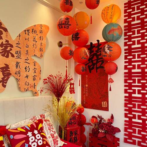 锁美居婚房布置中式蝴蝶KT面喜字笼瀑布灯结板婚新房31231231装饰