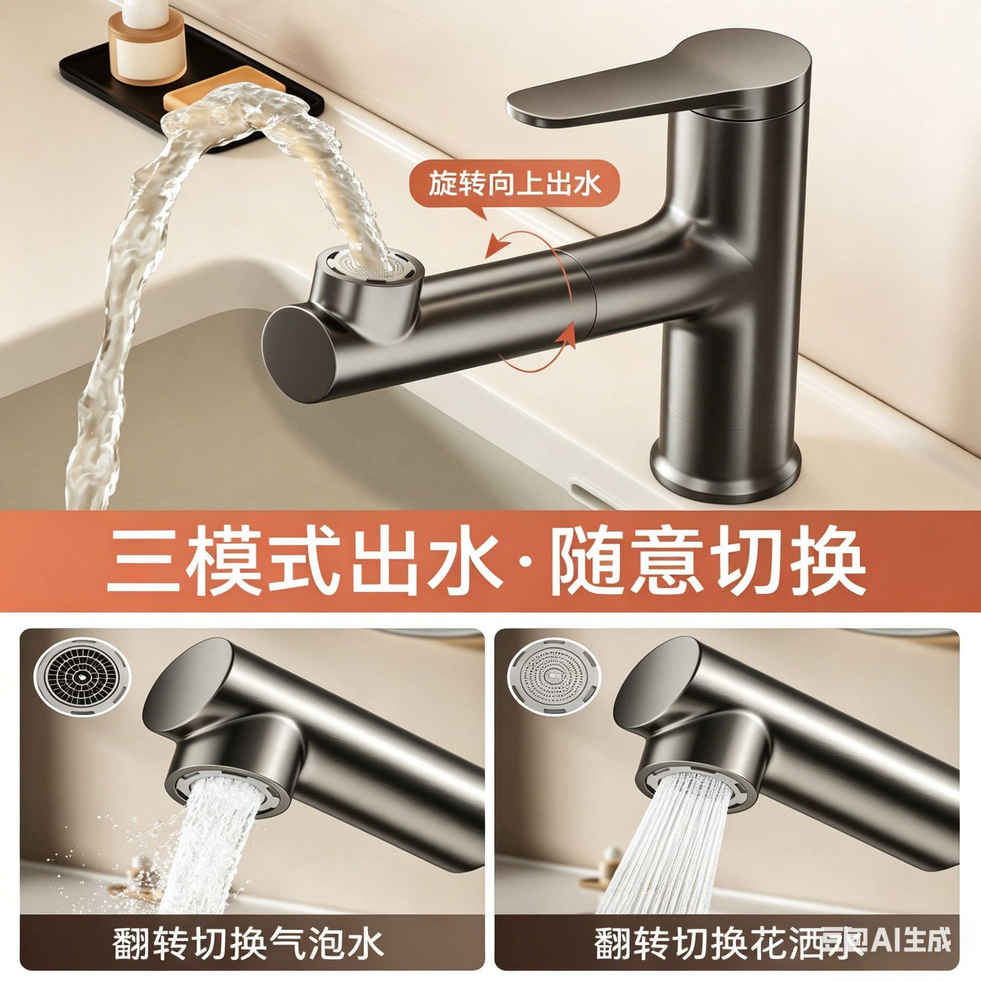 防全铜抽/拉水龙头替式换配头喷头可拆卸清洗脸面盆出水嘴溅冷热
