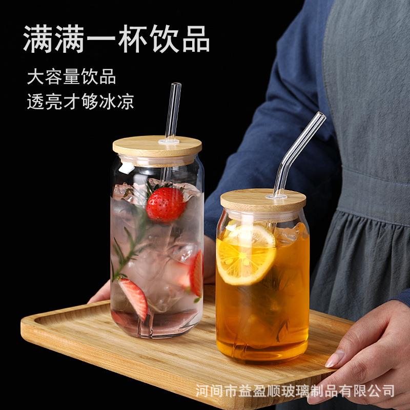 外贸热销竹耐热玻璃七彩吸管玻璃杯盖梅森透明乐罐可磨砂直瓶身冷