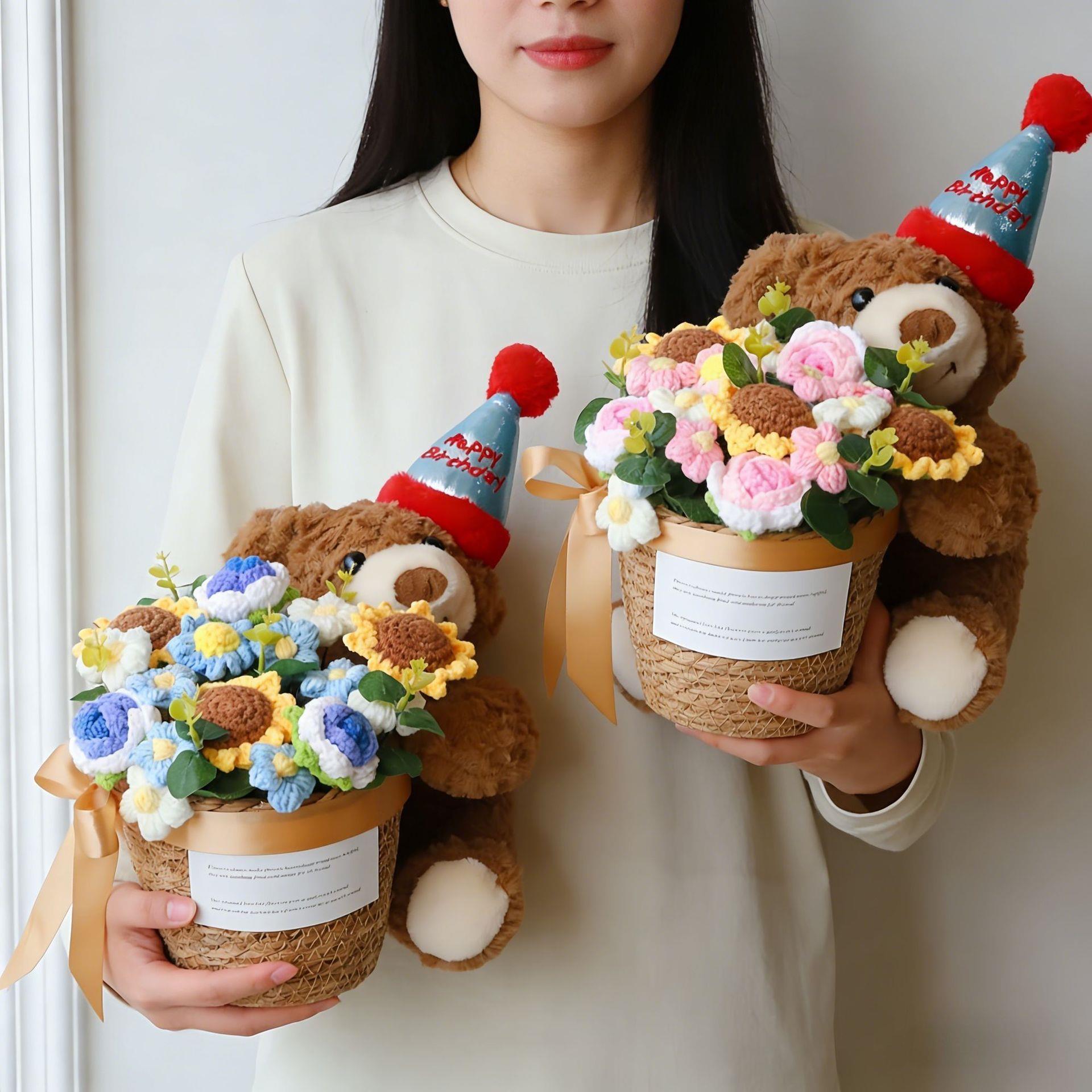 葵小熊向偶毛810线针玩织日玫瑰花束成人礼中考送孩子闺蜜生日