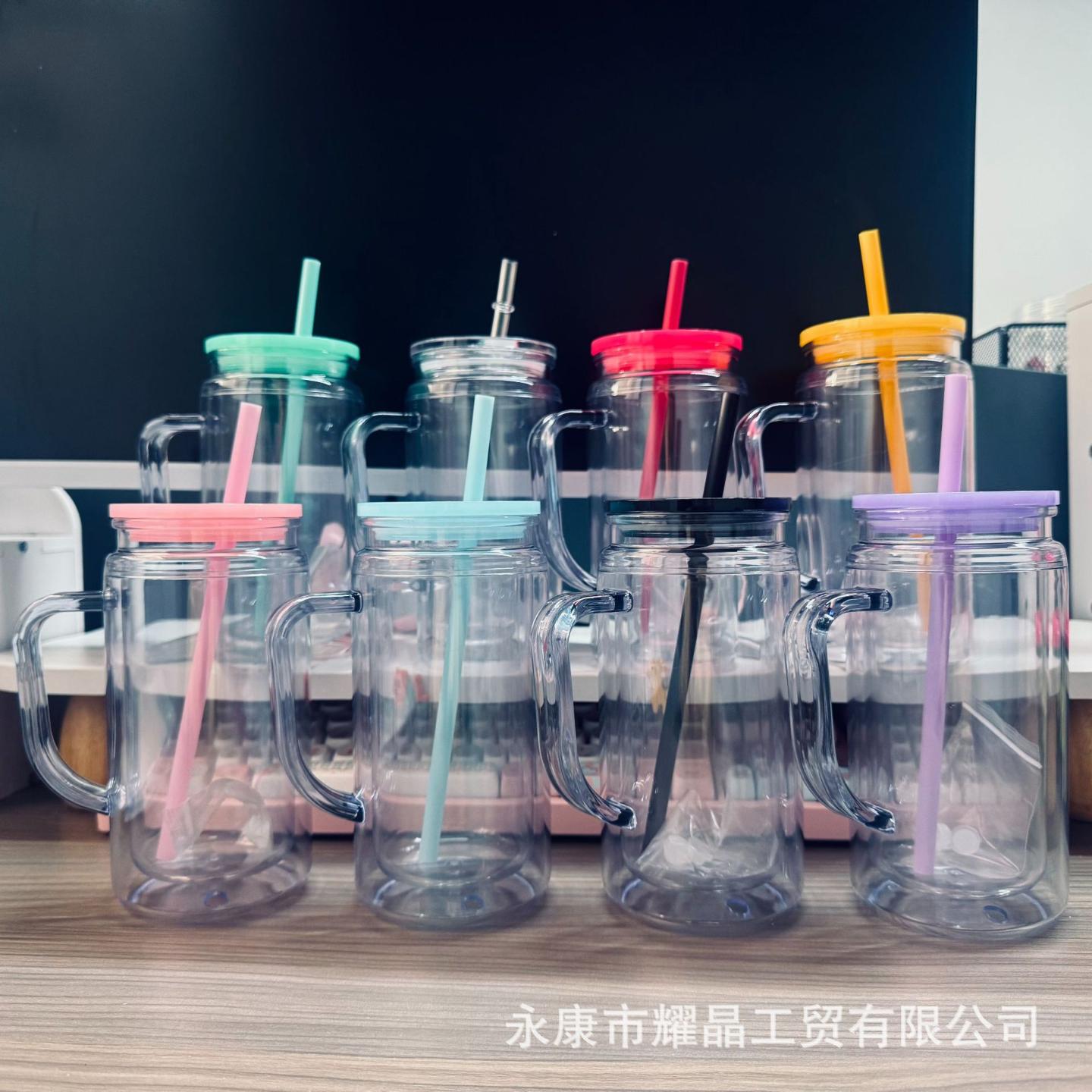 外贸新款20oz双层塑料梅森杯手柄
