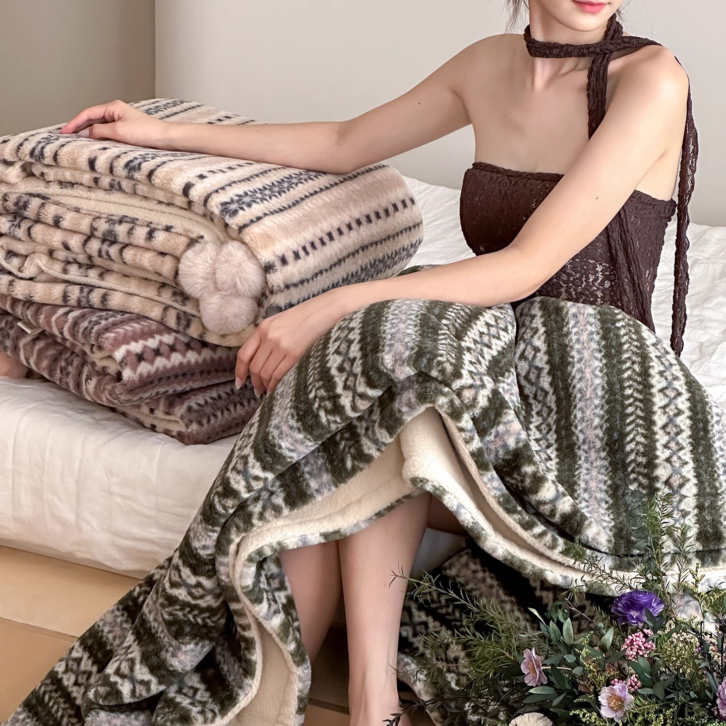 高端家纺温暖澳绒提花盖毯