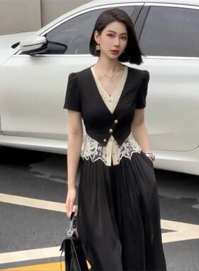 蕾丝拼接黑色上衣裤子夏天套装