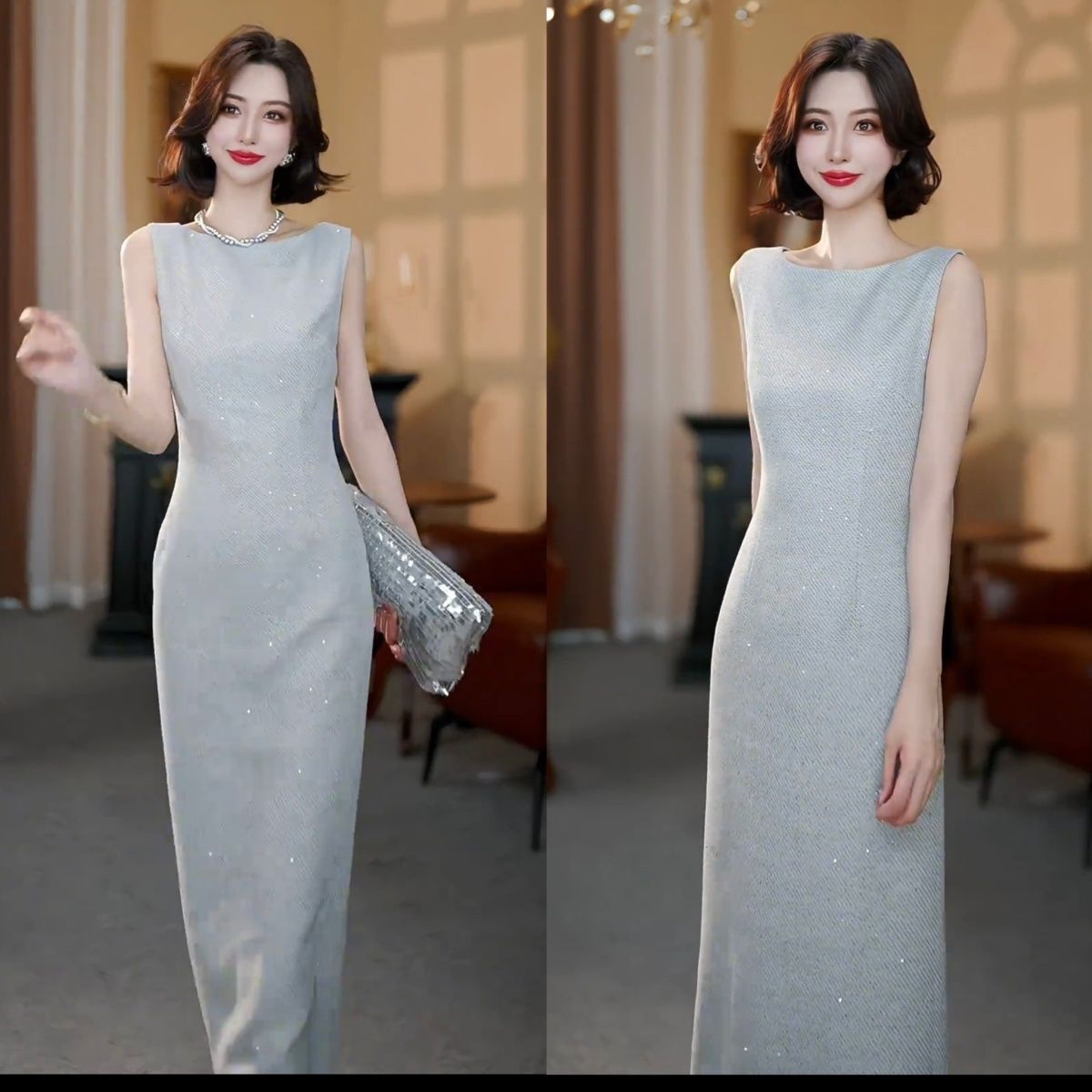 得体掐腰小香风灰色亮片连衣裙