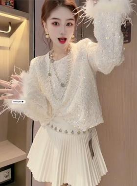 网红爆款韩版名媛气质亮片毛毛袖轻奢上衣女秋冬季时尚白色衬衫潮