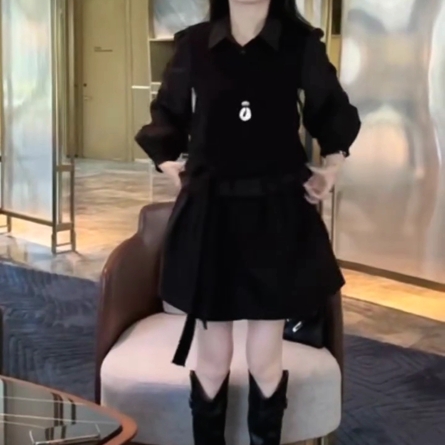 高级感女神范黑色衬衫裙套装女