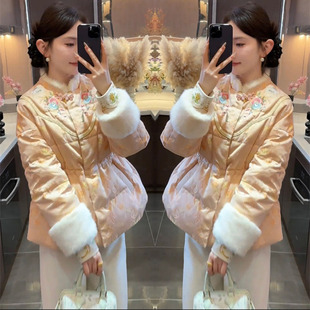 2025秋冬网红新款新中式羽绒棉服女国风重工刺绣提花收腰加厚棉衣
