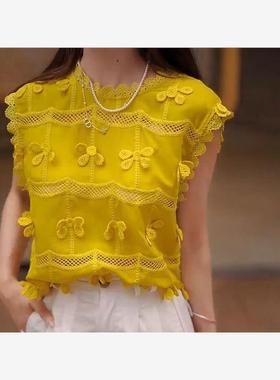 镂空蕾丝花朵黄色无袖背心衬衫女夏2025新款爆款小衫宽松显瘦上衣