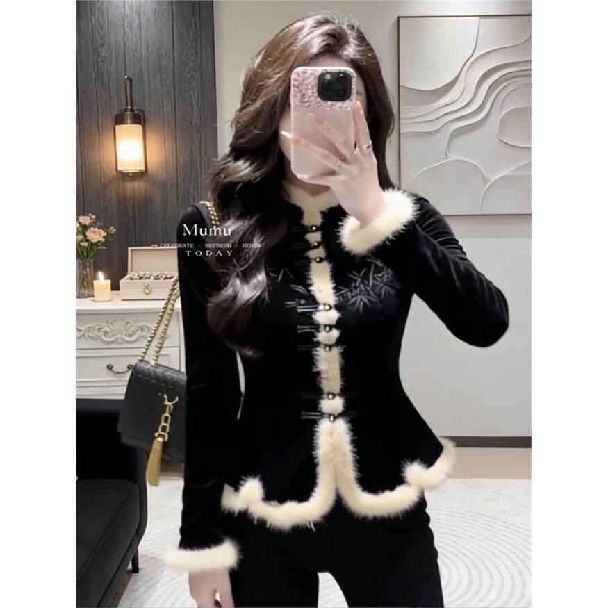 2025冬季网红新款加绒保暖上衣女国风复古重工提花毛毛边显瘦小衫