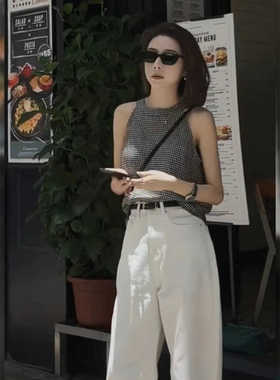 夏季简约时尚套装女2025新款圆领无袖格子背心衫白色牛仔裤两件套