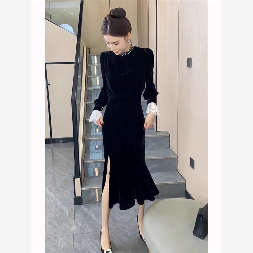 法式小香风黑色丝绒连衣