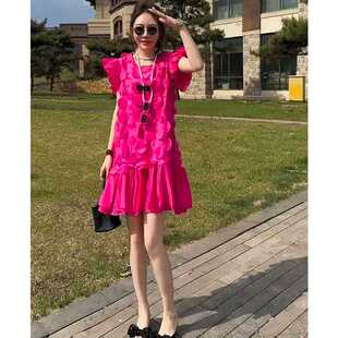 欧洲站2025夏季新款时尚设计别致亮眼立体装饰短袖圆领连衣裙女潮