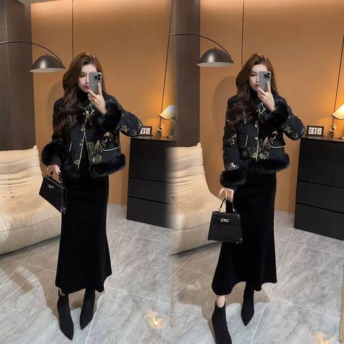 鱼尾裙套装女冬季拼毛毛新中式