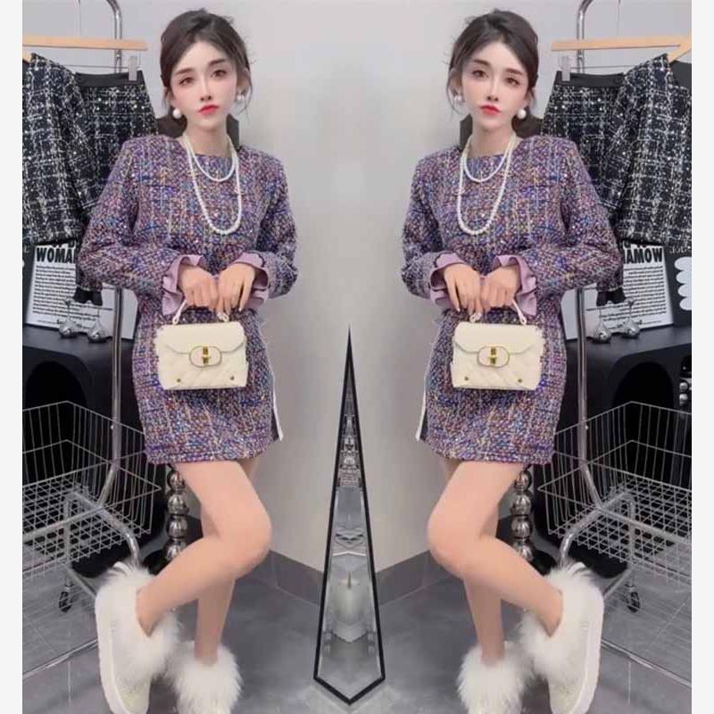 2025年秋冬时尚香风套装裙重工粗花尼拼接木耳边上衣+显瘦包臀裙