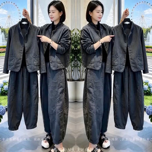 2026秋季网红新款职业通勤套装女气质灰色立领宽松显瘦外套阔腿裤