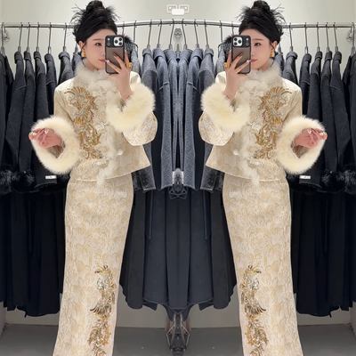 新中式秋冬提花毛毛袖外套套装