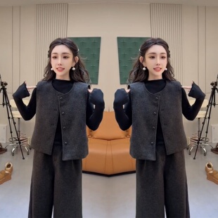 高端网红款套装女2025秋冬新款小个子休闲时尚打底衫+马甲+阔腿裤