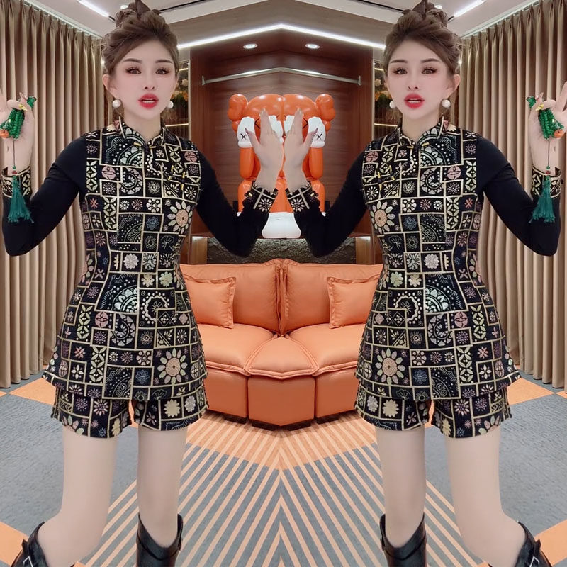 国风提花收腰马甲裙短裤打底衫女