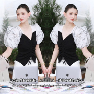 2026夏季网红新款职业两件套女设计感重工泡泡袖显瘦上衣+阔腿裤