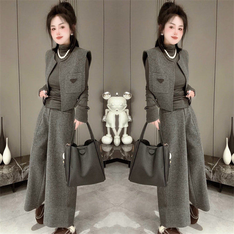 2026春季网红爆款时尚三件套女高级感毛呢马甲+高领打底衫+阔腿裤,女装/女士精品,汉服套装,淘宝优惠券,粉丝福利购,淘宝优惠卷