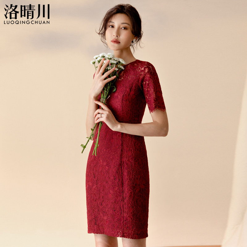 红色蕾丝连衣裙女2025春秋