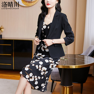 小个子时尚 黑色西装 新款 裙女春秋季 印花连衣裙上衣气质两件套 套装