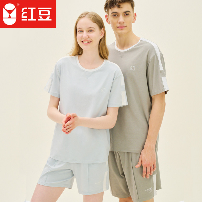 红豆居家服男春夏季圆领短袖睡衣干爽透气简约女士可外穿家居服