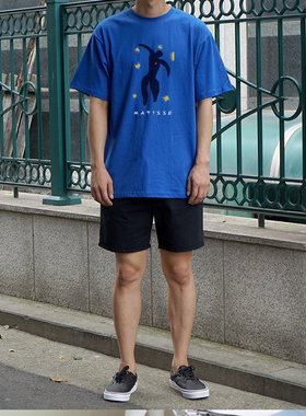 艺术家系列matisse马蒂斯 蓝色印花短袖T恤 文艺纯棉宽松情侣夏季