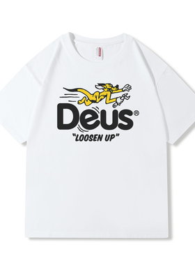 复古机车厂牌DEUS印花T恤短袖 宽松街头短袖纯棉漫画摩托男女夏季