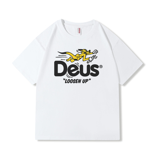 复古机车厂牌DEUS印花T恤短袖 宽松街头短袖纯棉漫画摩托男女夏季