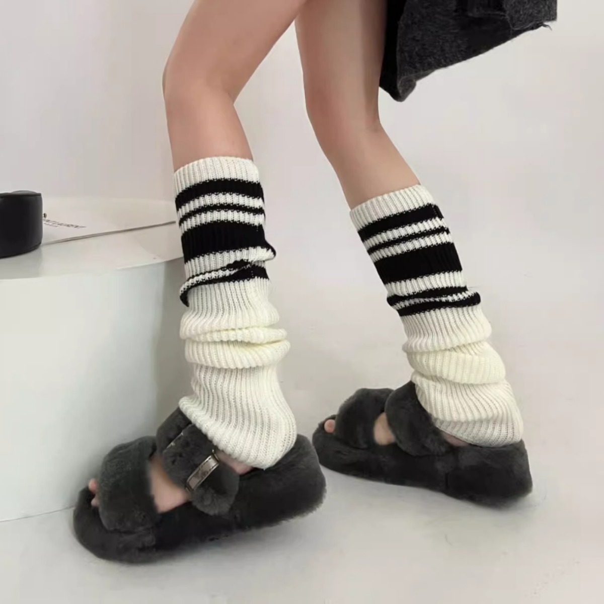 秋冬条纹针织袜套y2k复古风拼色中筒袜堆堆袜jk小腿袜子辣妹腿套