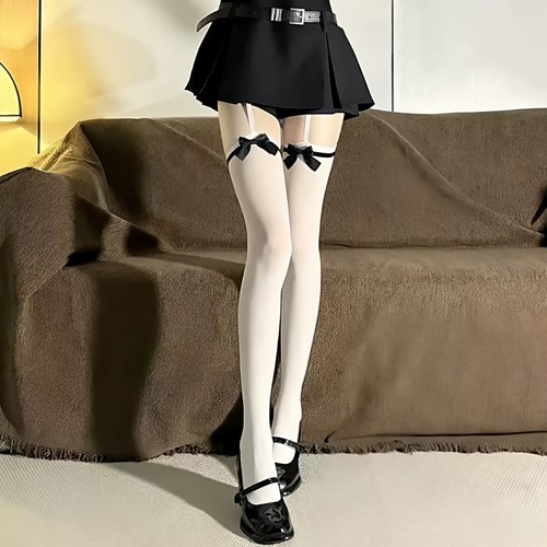 白色lolita袜子长筒吊带袜天鹅绒过膝丝袜蝴蝶结jk高筒大腿袜薄款