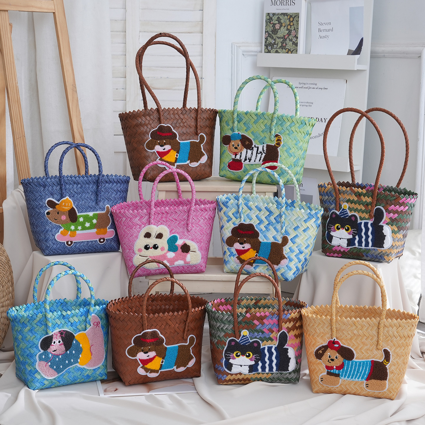 腊肠狗卡通编织包手工大容量菜篮子可爱百搭手提篮伴手礼包购物篮