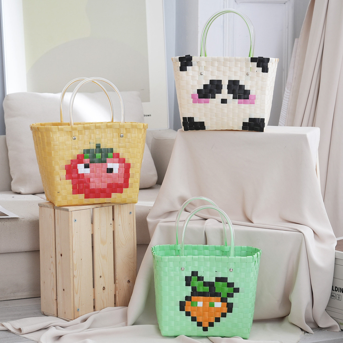 编织包卡通图案手工编织手提包菜篮子购物袋少女风购物包手提编袋,收纳整理,购物篮,淘宝优惠券,粉丝福利购,淘宝优惠卷