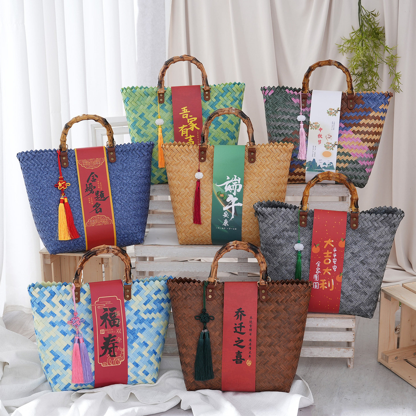 新中式编织手提包男女通用竹节把大号休闲简约风礼品袋