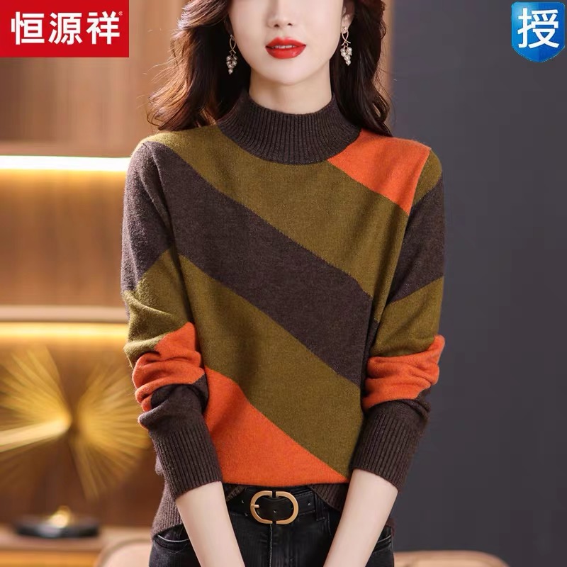 恒源祥羊毛衫女拼色半高领套头毛衣2025秋冬时尚宽松针织打底衫厚