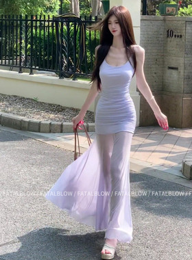 法式紫色网纱吊带洋装女夏季气质收腰绝美长裙子海边度假鱼尾裙