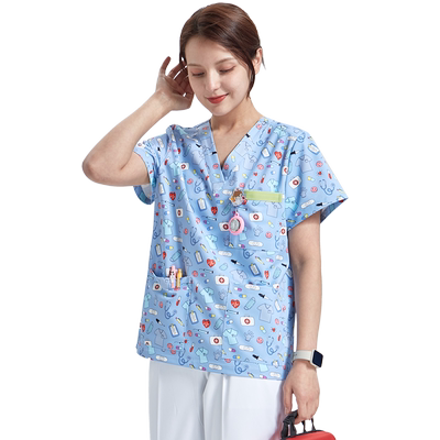 南欧鱼防静电印花洗手衣短袖女刷手服手术室工作服夏医护套装牙科