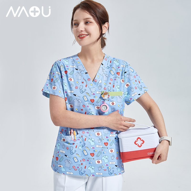 南欧鱼防静电印花洗手衣短袖女刷手服手术室工作服夏医护套装牙科