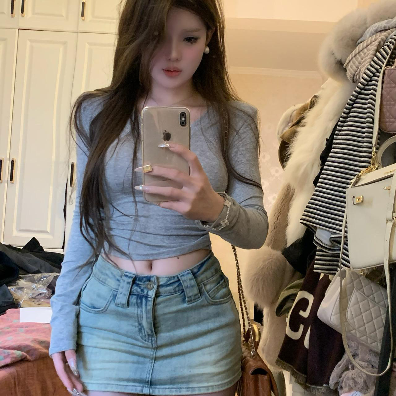 美式辣妹浅蓝色中腰牛仔超短裙女显瘦春夏弹力紧身包臀裙性感裙子
