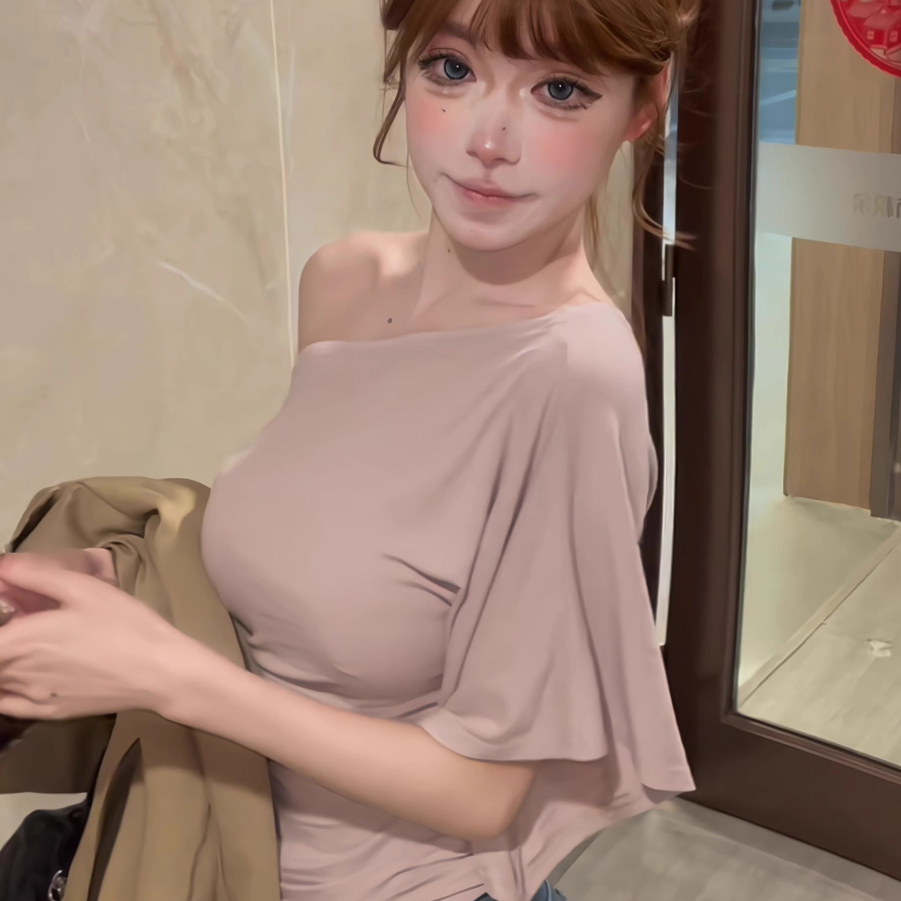 轻熟奶茶色一字露斜肩喇叭袖短上衣高弹力一片式纯欲风绝美t恤女,女装/女士精品,T恤,淘宝优惠券,粉丝福利购,淘宝优惠卷