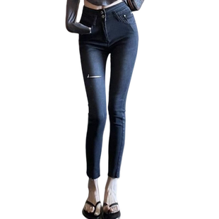 韩版破洞牛仔裤女2025新款两粒扣弹力紧身显瘦高腰九分铅笔小脚裤