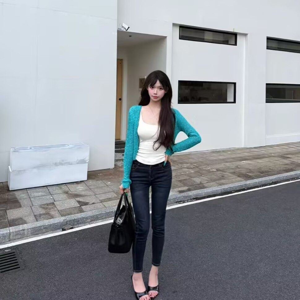 韩系丰胯显瘦紧身弹力修身显瘦小脚牛仔裤复古水洗磨白高腰九分裤