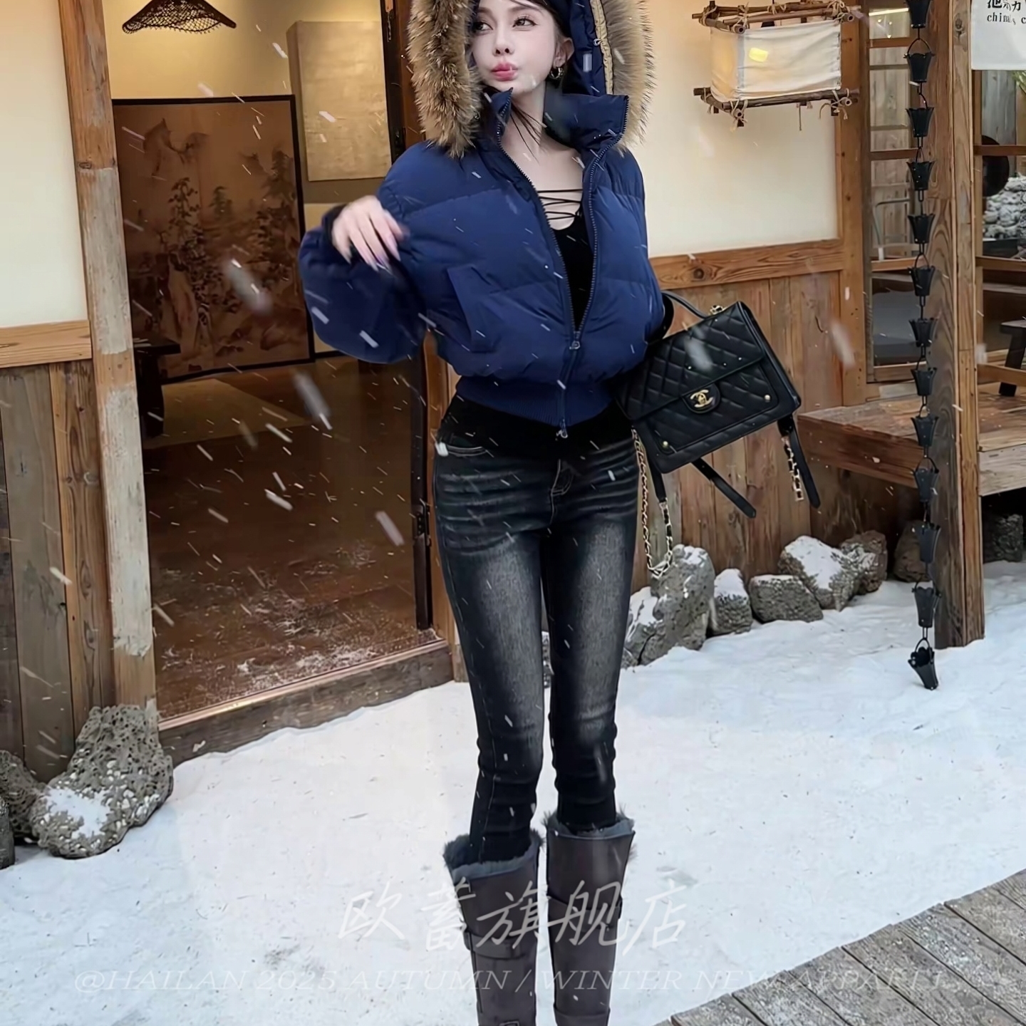 黑灰色高光磨白靴裤高腰紧身牛仔裤女弹力修身提臀百搭铅笔九分裤