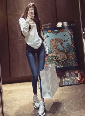 早秋新款复古深蓝色丰胯小脚牛仔裤气质韩女日常感紧身铅笔九分裤