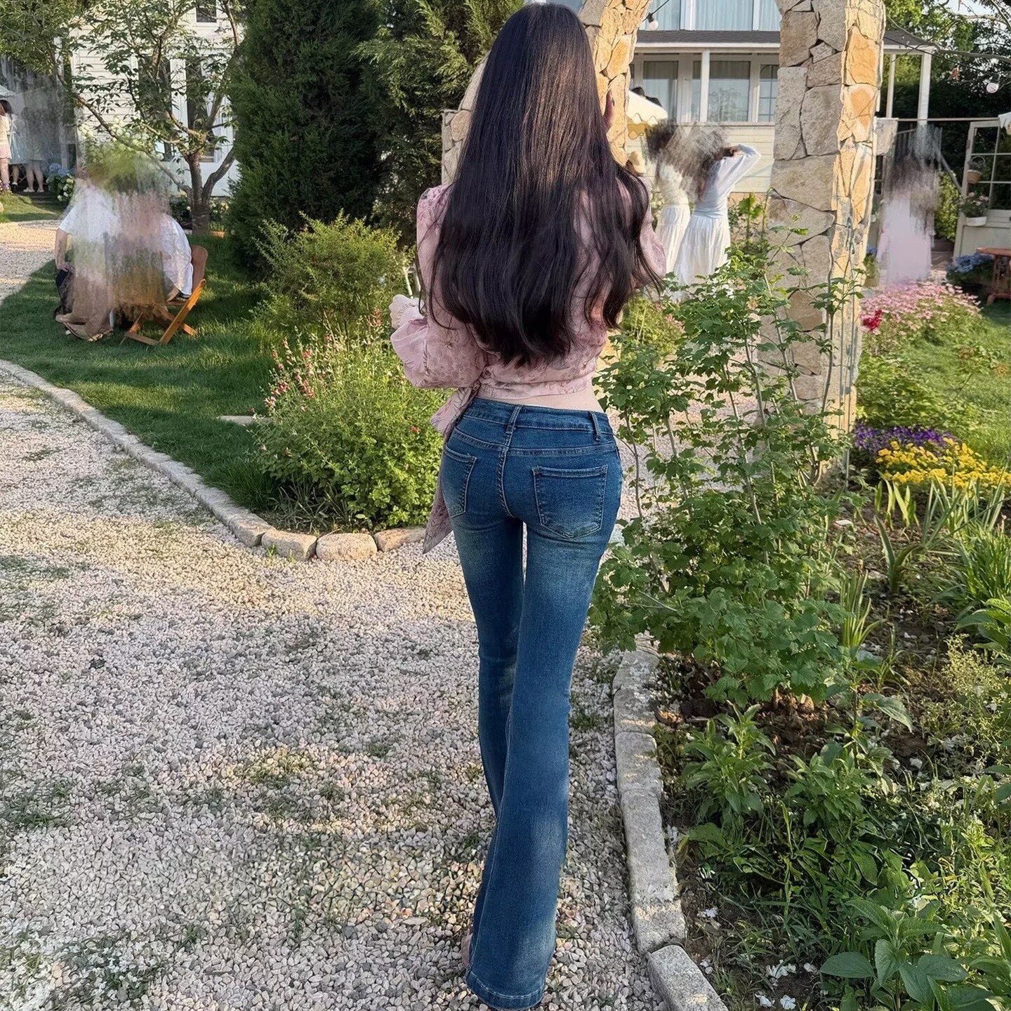 自带丰胯垫~松石绿低腰弹力修身显瘦复古水洗提臀韩版微喇叭长裤