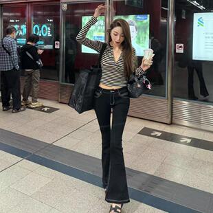 黑色丰胯牛仔裤韩版辣妹低腰弹力修身显瘦明线微喇叭拖地长裤女