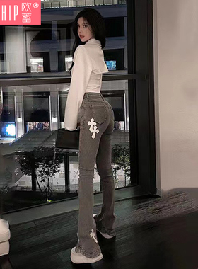 贴布设计款马蹄裤牛仔裤女2025年春季新款韩版烟灰色高腰微喇裤潮