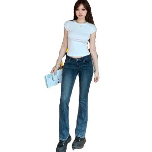 2025春夏季复古辣妹韩国百搭显瘦中深蓝低腰丰胯提臀微喇牛仔长裤